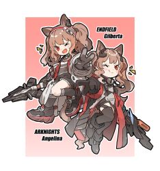  2girls :d ^^^ amonitto angelina_(arknights) animal_ear_fluff animal_ears arknights belt black_boots black_collar black_gloves black_shirt black_shorts black_socks black_thighhighs blush_stickers boots border brown_hair character_name coat collar commentary_request copyright_name dot_nose dress earpiece fang film_grain fox_ears fox_girl gilberta_(arknights) gloves grey_dress hairband headpiece heavy_film_grain high_belt highres holding holding_staff infection_monitor_(arknights) jacket knee_up kneehighs long_hair long_sleeves looking_at_viewer multicolored_hairband multiple_girls one_eye_closed open_clothes open_coat outline outside_border pink_background red_coat red_eyes red_hairband red_jacket shirt shoes short_dress short_shorts shorts smile sneakers socks staff striped_clothes striped_hairband thigh-highs twintails two-tone_hairband v white_border white_coat white_outline zipper_pull_tab 