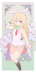  1girl animal_ears bandana bandana_around_neck black_socks blonde_hair blue_eyes bracelet commentary_request cropped_legs flower green_bandana grin highres jewelry kira_i kneehighs long_hair miniskirt necktie one_eye_closed original rabbit_ears rabbit_girl rabbit_tail see-through_clothes see-through_skirt short_necktie shorts shorts_under_skirt skirt smile socks solo tail v v_over_eye 