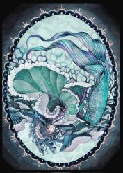  1girl blue_hair border dress fins frilled_kimono frills green_dress green_kimono green_scales head_fins highres japanese_clothes kimono kneeless_mermaid maid_headdress mermaid monster_girl obi ornate_clothes painting_(medium) parted_lips sash solo surume_(surumemodoki) touhou traditional_media upside-down violet_eyes wakasagihime water watercolor_(medium) 