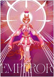  1girl absurdres animal_ears armor boots breasts cape chain closed_mouth commentary_request crown ear_ornament full_body fusume gold_boots gold_corset hair_between_eyes highres horse_ears horse_girl horse_tail jewelry long_sleeves looking_at_viewer medium_breasts mini_crown multiple_rings orange_hair orange_tail pink_cape pink_crown ring shirt short_hair shoulder_armor skirt smile solo t.m._opera_o_(o_sole_suo!)_(umamusume) t.m._opera_o_(umamusume) tail thigh-highs two-tone_skirt umamusume violet_eyes white_shirt white_thighhighs 