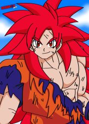  absurdres battle_damage damaged dragon_ball dragon_ball_super dragon_ball_z highres long_hair muscular muscular_male non-web_source red_eyes red_hair redesign son_goku super_saiyan super_saiyan_god 