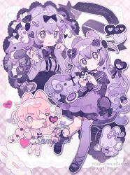  2girls ;3 asymmetrical_legwear ball_hands black_shoes chibi closed_mouth commentary dot_nose double-parted_bangs dress fanqiealxe full_body hair_between_eyes heart highres juliet_sleeves kuromi long_hair long_sleeves looking_at_viewer multiple_girls my_melody_(series) one_eye_closed one_side_up open_mouth original pink_eyes pink_hair pink_shirt puffy_sleeves purple_dress purple_hair purple_socks purple_thighhighs red_shoes sample_watermark sanrio shirt shoes single_sock single_thighhigh skirt socks standing star-shaped_pupils star_(symbol) symbol-only_commentary symbol-shaped_pupils teardrop thigh-highs uneven_legwear violet_eyes watermark white_background white_skirt 