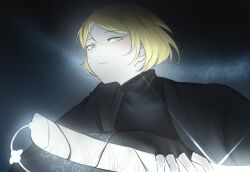  1boy absurdres black_background black_gloves black_haori black_shirt black_sleeves blonde_hair blunt_ends closed_mouth commentary_request covered_collarbone expressionless fingerless_gloves from_below glint gloves glowing glowing_sword glowing_weapon haori highres holding holding_sword holding_weapon hongru898 japanese_clothes korean_commentary limbus_company long_sleeves looking_at_viewer male_focus pinky_(identity)_(project_moon) portrait project_moon shirt sinclair_(project_moon) solo sword tsurime turtleneck turtleneck_shirt undershirt weapon 