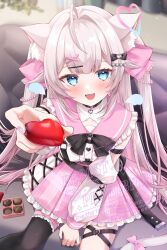  1girl ahoge amagami_amane_(vtuber) animal_ears black_thighhighs blue_eyes box box_of_chocolates candy cat_ears cat_girl chocolate commentary_request commission detached_sleeves food hair_intakes hair_ornament hair_ribbon heart heart-shaped_chocolate heart-shaped_food highres holding holding_chocolate holding_food incoming_food indie_virtual_youtuber long_hair long_sleeves looking_at_viewer open_mouth pink_hair pink_ribbon pink_sailor_collar pink_skirt ribbon sailor_collar second-party_source shirt single_thighhigh sitting skirt sleeveless sleeveless_shirt solo thigh-highs tojo_(natumi1412) twintails valentine virtual_youtuber watermark white_shirt white_sleeves x_hair_ornament 