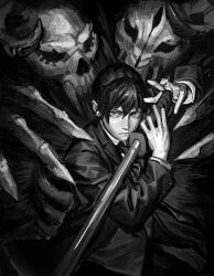  1boy absurdres chainsaw_man earrings greyscale hayakawa_aki highres holding holding_sword holding_weapon jacket jewelry katana looking_at_viewer male_focus monochrome necktie parted_lips short_hair solipsist solo suit suit_jacket sword teeth topknot two-handed upper_body weapon 