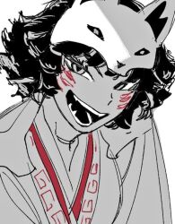  1girl akita_(ninjago) animification commentary_request facial_mark fangs haaa_om007ls japanese_clothes korean_commentary looking_at_viewer mask mask_on_head monochrome ninjago open_mouth short_hair simple_background smile solo spot_color upper_body wolf_mask 