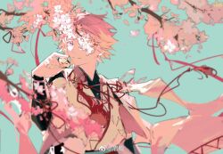  1boy aqua_background black_shirt branch cape cherry_blossoms closed_mouth ensemble_stars! falling_petals flower hand_up highres holding japanese_clothes kimono layered_sleeves long_sleeves looking_at_viewer male_focus mandarin_collar mei_ren official_alternate_costume one_eye_covered oukawa_kohaku petals pink_flower pink_hair red_ribbon ribbon shirt shirt_under_kimono short_hair short_over_long_sleeves short_sleeves simple_background smile solo sweater_guard tassel upper_body violet_eyes watermark weibo_watermark white_cape white_kimono 