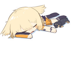  1girl animal asymmetrical_legwear black_socks black_thighhighs blonde_hair blush_stickers cevio chibi chibi_only closed_eyes commentary_request dog double-parted_bangs full_body hair_between_eyes highres kneehighs konohoshi long_sleeves miniskirt one_(cevio) open_mouth orange_skirt pleated_skirt shirt short_hair simple_background single_kneehigh single_sock single_thighhigh skirt socks solo striped_clothes striped_socks thigh-highs uneven_legwear white_background 