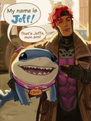  1boy 21_jump_street_(movie) animal artist_name character_name commentary commission dated english_commentary english_text fangs fins fish_tail french_text gambit highres holding holding_animal jeff_the_land_shark looking_to_the_side marvel marvel_rivals neo_jpeg open_mouth red_eyes red_hair shark shark_fin shark_tail signature smile speech_bubble tail 