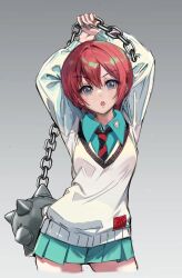  1girl amate_yuzuriha aqua_eyes aqua_skirt arms_up ball_and_chain_(weapon) cardigan chain collared_shirt commentary cropped_legs diagonal-striped_clothes diagonal-striped_necktie gradient_background green_eyes grey_background gundam gundam_gquuuuuux highres holding holding_chain huo_ji_wu long_sleeves looking_at_viewer necktie open_mouth pleated_skirt red_hair red_necktie school_uniform shirt short_hair skirt solo spiked_ball_and_chain striped_clothes teeth upper_teeth_only weapon white_cardigan 