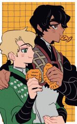  2boys :t animification arm_around_shoulder bag black_dougi black_hair blonde_hair border closed_mouth cole_(ninjago) commentary_request dark-skinned_male dark_skin dougi eating food food_in_mouth from_side green_dougi green_eyes grid_background haaa_om007ls highres holding holding_bag holding_food korean_commentary lloyd_garmadon long_sleeves looking_ahead male_focus mouth_hold multiple_boys ninjago orange_background orange_eyes outside_border paper_bag shirt short_hair simple_background smile taiyaki thick_eyebrows undershirt upper_body wagashi white_border white_shirt 