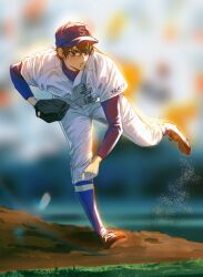  1boy ace_of_diamond baseball baseball_cap baseball_mitt baseball_uniform blue_pants brown_eyes brown_hair chinese_commentary commentary_request compression_shirt hat highres male_focus momoyoru1 pants parted_lips pitching sawamura_eijun short_hair socks_over_pants solo sportswear standing standing_on_one_leg teeth white_pants 