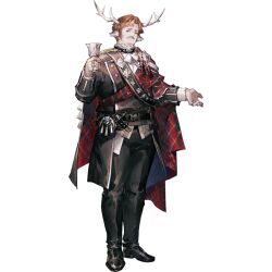  1boy animal_ears arknights belt black_cape black_pants bread brown_hair buttons cape chalice cup deer_boy deer_ears double-breasted duke_of_gododdin_(arknights) facial_hair food frown hand_up high_collar holding holding_cup jewelry male_focus multiple_rings mustache official_art pants parted_hair red_cape ring sash scorpion5050 short_hair shoulder_sash smile solo tachi-e third-party_source transparent_background two-sided_cape two-sided_fabric 