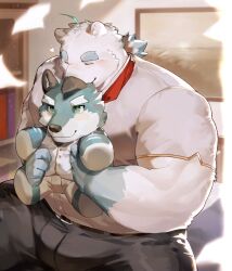  1boy ahoge animal_ears argo_northrop_(knights_college) bbckuo bear bear_boy bear_ears blue_fur blush closed_eyes closed_mouth colored_tips commentary furry furry_male highres holding holding_stuffed_toy hug knights_college male_focus multicolored_hair neckerchief paul_pfitzner_(knight_college) polar_bear red_neckerchief shirt smile stuffed_animal stuffed_toy symbol-only_commentary white_fur white_shirt 