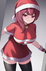  1girl bell belt black_belt black_thighhighs blush bow bowtie breasts breath choker christmas commentary cowboy_shot doorway dress fur-trimmed_dress fur-trimmed_gloves fur-trimmed_headwear fur_trim gloves grin hat highres jingle_bell jururu korean_commentary large_breasts leaning_forward long_hair looking_at_viewer multicolored_hair neck_bell nose_blush pink_eyes pink_hair puleudingding red_bow red_bowtie red_choker red_dress red_gloves red_hair santa_claus santa_costume santa_dress santa_hat short_dress skindentation smile solo strapless strapless_dress streaked_hair thigh-highs violet_eyes virtual_youtuber waktaverse zettai_ryouiki 