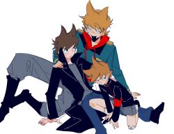  3boys age_comparison age_difference age_progression alternate_costume animification antenna_hair black_boots black_coat black_eyes blue_coat blue_pants boots bored brown_hair child chinese_commentary coat commentary_request denim drawstring eddsworld flipped_hair full_body grey_pants grey_shirt grey_shorts hair_behind_ear hair_ears hand_on_another's_shoulder hood hood_down hoodie jeans jitome long_sleeves looking_at_viewer male_focus multiple_boys multiple_persona name_tag official_alternate_costume open_clothes open_coat open_mouth pants prototype_design red_hoodie red_leader_(eddsworld) shirt short_hair shorts shoulder_boards simple_background sitting smile squatting the_beginning_and_the_friend time_paradox tord_(eddsworld) trench_coat white_background xic94 