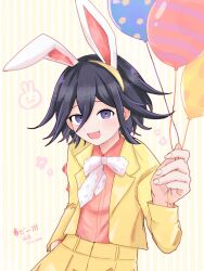  1boy animal_ear_hairband animal_ears balloon black_hair blush bow commentary danganronpa_(series) danganronpa_v3:_killing_harmony easter fake_animal_ears flipped_hair flower_symbol foreshortening hair_between_eyes hairband highres holding holding_balloon jacket k24y_ronpa long_sleeves looking_at_viewer male_focus oma_kokichi open_mouth orange_shirt pants purple_hair rabbit rabbit_ear_hairband rabbit_ears shirt short_hair smile solo striped_background upper_body violet_eyes yellow_background yellow_jacket yellow_pants 