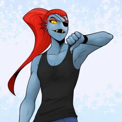  1:1 1girl 2022 2d anthro black_eyepatch black_tank_top blue_pants blue_skin colored_sclera colored_skin colored_teeth digital_media ear_fins eyepatch female female_only fins fish fish_girl head_fins high_ponytail inkfallible long_hair looking_at_viewer monster monster_girl pants pointing pointing_at_self pointing_with_thumb ponytail red_hair sharp_teeth simple_background slit_pupils solo tank_top teeth thumbs_down undertale undyne upper_body utdr_(toby_fox) white_background yellow_sclera yellow_teeth 