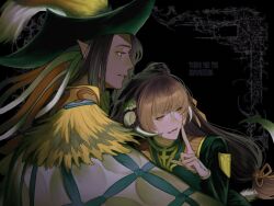  1boy 1other achia amon_(ff14) au_ra black_hair blunt_bangs braid braided_hair_rings dragon_tail elezen elf feathered_cape final_fantasy final_fantasy_xiv fingernails go_e_0000 hair_bun hair_rings hat highres long_hair multicolored_hair pink_hair pointy_ears scales sharp_fingernails sidelocks simple_background tail two-tone_hair white_scales 