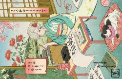  1girl archaic_japanese_text blue_eyes calligraphy calligraphy_brush ceras_yanagida_lilienfeld closed_mouth dog flower full_body game_cg green_kimono grey_hair hair_flower hair_ornament hasu_no_sora_karuta_(love_live!) highres holding holding_calligraphy_brush holding_paintbrush indoors japanese_clothes kimono link!_like!_love_live! love_live! musical_note musical_note_print non-web_source official_art open_door paintbrush red_flower short_hair sideways sitting smile solo treble_clef virtual_youtuber 