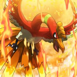  absurdres animal_focus beak bird commentary_request fire highres ho-oh no_humans open_mouth pokemon pokemon_(creature) pokemon_focus red_eyes solo spicyichizo talons wings 