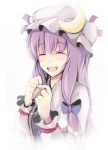  1girl :d ^_^ blush bow bust closed_eyes crescent hair_bow happy hat long_hair minamo_iruka open_mouth patchouli_knowledge purple_hair smile solo touhou 