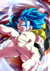  absurdres black_vest blue_eyes blue_hair commentary_request cropped_vest dragon_ball dragon_ball_super dragon_ball_super_super_hero energy_ball glowing glowing_eyes gogeta hase125639 hashtag-only_commentary highres medium_hair metamoran_vest muscular muscular_male no_shirt open_mouth pants smear_frame spiky_hair stardust_breaker super_saiyan super_saiyan_blue vest white_pants 