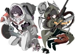  1girl 2boys ahoge alien angry apologizing astronaut black_hair black_skirt blunt_bangs cape chain chibi commentary_request crossbow crying crying_with_eyes_open danganronpa_(series) danganronpa_v3:_killing_harmony facial_hair goatee gun hair_between_eyes hair_ornament harukawa_maki helmet highres holding holding_crossbow holding_gun holding_weapon hood hooded_cape jacket kneeling knife korean_commentary long_hair long_sleeves looking_at_viewer low_twintails momota_kaito multiple_boys multiple_weapons muted_color official_alternate_costume outline pants purple_hair red_thighhighs saihara_shuichi short_hair skirt skull smile space_helmet spiky_hair tanhwan tears thigh-highs thumbs_up topless_male twintails very_long_hair violet_eyes weapon white_background white_outline 