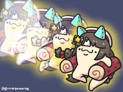  ._. afterimage beret bow braid carrying carrying_under_arm closed_mouth goma_(gomasamune) hair_bobbles hair_bow hair_ornament hat highres hokko_tarumae_(umamusume) long_hair low_twintails multicolored_hair star_(symbol) striped_bow twin_braids twintails twitter_username two-tone_hair umamusume very_long_hair white_hair white_hat yoitomake_(food) 