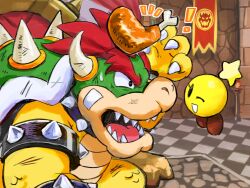  ! 1boy 1girl ^^^ armlet bandages banner beaten bone bowser bowser_logo bracelet brown_shoes checkered_floor collar colored_skin commentary food green_skin highres horns jewelry mario_&amp;_luigi_rpg meat multicolored_skin no_humans one_eye_closed open_mouth shoes smile spiked_armlet spiked_bracelet spiked_collar spiked_shell spikes star_(symbol) starlow super_mario_bros. symbol-only_commentary teeth turtle_shell yamari_(ya_mari_6363) yellow_scales yellow_skin 