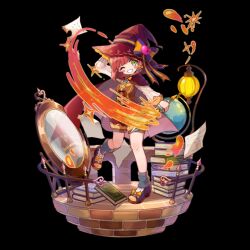  1girl arm_up black_background blush_stickers book bow breasts brick_floor brown_cloak brown_hair brown_jacket brown_shorts charlotte_(merc_storia) clenched_teeth cloak fence fire flaming_sword flaming_weapon full_body globe green_eyes hand_on_own_head hat hat_bow highres holding holding_sword holding_weapon jacket merc_storia merc_storia_art_team mirror motion_lines official_art one_eye_closed outstretched_arm paper purple_shoes shirt shoes shorts simple_background sleeveless sleeveless_jacket small_breasts smile solo standing striped_bow sword tachi-e teeth weapon white_shirt witch witch_hat 