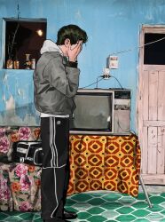  1boy adidas black_hair black_pants black_shoes bong cable camera_flash carpet chipped_paint couch covering_face crack cracked_wall crt door dress_shoes floor from_side full_body grey_jacket hair_slicked_back highres hood hoodie indoors jacket jacket_over_hoodie long_sleeves male_focus night original pants plant potted_plant shoes short_hair soko39251 solo standing sweatpants table tablecloth television white_hoodie wooden_door 