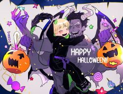  2boys ^_^ animification belt black_hair black_hoodie black_pants black_shoes blonde_hair candy child closed_eyes colored_skin commentary_request demon_boy demon_horns demon_tail demon_wings extra_arms fang father_and_son food grey_skin haaa_om007ls halloween halloween_bucket happy_halloween highres hood hood_up hoodie horns korean_commentary lloyd_garmadon lloyd_garmadon_(young) lollipop long_sleeves lord_garmadon male_focus multiple_boys ninjago open_mouth pants purple_belt sharp_teeth shoes short_hair smile sneakers swirl_lollipop tail teeth topless_male upper_body white_horns wings 
