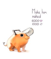  absurdres black_eyes chainsaw chainsaw_man colored_skin commentary creature dog english_commentary english_text full_body handle highres machulanko orange_skin pochita_(chainsaw_man) ripcord solo twitter_strip_game white_background 