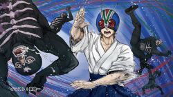  aikidou belt bodysuit commentary_request cosplay dougi hakama helmet japanese_clothes kamen_rider kamen_rider_(1st_series) kamen_rider_v3_(series) official_art open_mouth riderman riderman_(cosplay) shimamura_mitsuba shocker_(kamen_rider) shocker_combatant short_hair throwing toujima_tanzaburou_wa_kamen_rider_ni_naritai 
