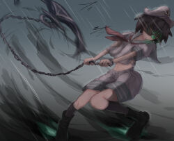  1girl anchor anchor_symbol black_boots black_hair black_socks boots chain collared_shirt commentary_request full_body gloves glowing glowing_eyes green_eyes hair_over_one_eye hat highres holding holding_chain isgod midriff murasa_minamitsu navel neckerchief rain red_neckerchief sailor_hat shirt short_hair short_sleeves shorts socks solo touhou white_gloves white_hat white_shirt white_shorts 