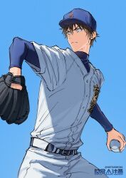 1boy ace_of_diamond ball baseball baseball_(object) baseball_cap baseball_mitt baseball_uniform belt black_belt blue_background brown_hair closed_mouth commentary_request compression_shirt hat highres holding holding_ball layered_sleeves long_sleeves male_focus natsushio_(x2i2a) pants sawamura_eijun shirt shirt_tucked_in short_hair short_over_long_sleeves short_sleeves simple_background solo sportswear white_pants white_shirt yellow_eyes 