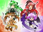  4girls bat_wings blush bow_(weapon) chibi cierra detached_sleeves fia green_eyes green_hair hairband happy hat long_hair lyuri multiple_girls orange_eyes orange_hair pink_eyes purple_eyes purple_hair red_hair riviera serene_(riviera) short_hair skirt twintails wallpaper weapon wings witch_hat zoom_layer 