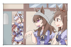  4girls :d anger_vein beanie beer_hsk blank_eyes bow brown_bow brown_eyes brown_hair brown_hat buena_vista_(old_design)_(umamusume) candy commentary_request ear_bow ear_covers ear_ribbon ears_through_headwear food food_in_mouth frilled_skirt frills gold_ship_(umamusume) grey_hair grey_hat hair_between_eyes hat indoors lollipop long_hair mini_hat multiple_girls nakayama_festa_(umamusume) open_mouth orfevre_(old_design)_(umamusume) pleated_skirt profile puffy_short_sleeves puffy_sleeves purple_bow purple_ribbon purple_shirt ribbed_hat ribbon school_uniform shirt short_sleeves skirt sliding_doors small_sweatdrop smile sweat thigh-highs tracen_school_uniform trembling umamusume very_long_hair violet_eyes white_skirt white_thighhighs window 