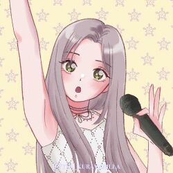  1girl aespa arm_up blonde_hair commentary hashtag-only_commentary holding holding_microphone jewelry k-pop long_hair looking_at_viewer microphone necklace open_mouth real_life solo symbol-only_commentary twitter_username winter_(aespa) yellow_background yes_kuravanilla 