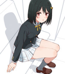  1girl :o black_hair black_jacket blush collared_shirt commentary_request grey_socks hair_ribbon jacket kneehighs loafers long_sleeves looking_at_viewer love_live! love_live!_nijigasaki_high_school_idol_club mifune_shioriko neck_ribbon nijigasaki_school_uniform plaid_clothes plaid_skirt pleated_skirt red_eyes ribbon school_uniform shirt shoes short_hair sitting skirt skt_(ryxxxxx) socks solo white_shirt white_skirt winter_uniform yellow_ribbon 