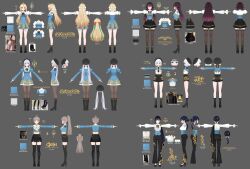  6+girls absurdres ahoge asymmetrical_clothes beret black_bow black_hair black_hat black_pants black_shoes black_shorts black_skirt black_thighhighs blonde_hair blue_eyes blue_hair blue_jacket boots bow bowtie braid breasts brown_hair collared_shirt commentary double_bun frills full_body gosegu gradient_hair grey_background grey_hair hair_bow hair_bun hair_ornament hat high_heel_boots high_heels high_ponytail highres ine_(vtuber) jacket jingburger jururu kingkangmat knee_boots korean_commentary large_breasts lilpa long_hair long_sleeves low_twintails multicolored_hair multiple_girls multiple_views official_art open_hands open_mouth outstretched_arms pants pantyhose partially_translated pleated_skirt ponytail purple_hair reference_sheet ribbon shirt shoes short_hair shorts side_ponytail simple_background single_hair_bun single_side_bun skirt smile spread_arms standing streaked_hair thigh-highs thigh_strap translation_request turnaround twintails very_long_hair viichan virtual_youtuber waktaverse white_hair white_shirt zettai_ryouiki 
