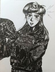  1girl bordfunker133 bulletproof_vest camouflage camouflage_jacket digital_camouflage freckles greyscale happy helmet highres holding holding_unworn_helmet jacket lipstick load_bearing_vest long_hair looking_at_viewer makeup military mole mole_on_cheek mole_under_mouth monochrome open_collar open_mouth original paratrooper patch photo_(medium) russo-ukrainian_war sasha_shoshnikova shirt shoulder_patch smile soldier solo striped_clothes striped_shirt tactical_gloves telnyashka ukrainian_ground_forces unit_patch unworn_headwear unworn_helmet upper_body 