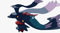  absurdres beads blue_skin colored_sclera colored_skin fang floating flutter_mane ghost highres nama86 no_humans open_mouth pokemon pokemon_(creature) pokemon_sv red_sclera skin_fang tendril white_background yellow_eyes yellow_sclera 