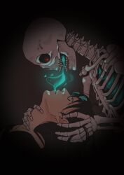  1boy absurdres aqua_eyes black_background black_hair commentary dark english_commentary from_side glowing glowing_eye hair_between_eyes hair_down hand_on_another's_neck highres holostars holostars_english josuiji_shinri long_hair male_focus parted_lips profile red_eyes skeleton tpknnts virtual_youtuber 