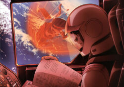  amuro_ray artist_request atmospheric_reentry battle book burning clouds cloudy_sky cockpit debris destruction earth_(planet) earth_federation glowing_hot gundam gundam_perfect_file helmet highres instruction_manual magazine_scan mecha mecha_pilot_suit military_rank_insignia mobile_suit mobile_suit_gundam official_art pilot planet promotional_art reading robot rx-78-2_gundam scan scene_reference science_fiction shield sky space space_helmet spacesuit traditional_media wreckage zaku_ii zero_gravity 
