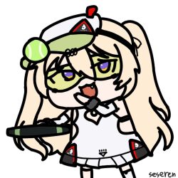  1girl :d animated animated_gif artist_name azur_lane bache_(azur_lane) bache_(showy_sports_star)_(azur_lane) blonde_hair chinese_commentary commentary_request dress fang glasses holding holding_tennis_racket long_hair looking_at_viewer lowres open_mouth racket seseren simple_background skirt smile solo sportswear tennis tennis_racket tennis_uniform twintails violet_eyes white_background white_dress white_skirt 