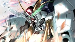  absurdres battle commentary debris exhaust funnels_(gundam) glowing glowing_eyes green_eyes gundam gundam_hathaway's_flash highres kyo_(0155498) mecha mecha_focus missile mobile_suit no_humans robot science_fiction solo spoilers upper_body v-fin weapon xi_gundam 