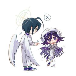  2boys ahoge angel_and_devil angel_wings black_hair blush buttons cape chibi chibi_only commentary_request danganronpa_(series) danganronpa_v3:_killing_harmony deformed demon_horns demon_tail flipped_hair full_body hair_between_eyes halo height_difference highres horns jacket long_sleeves male_focus multiple_boys oma_kokichi open_mouth pants purple_hair saihara_shuichi short_hair simple_background speech_bubble spoken_x tail teardrop tujiang6 violet_eyes white_background wings 