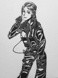  1girl absurdres belt black_jacket bordfunker133 cargo_pants cross friedrich_rumpelhardt gloves greyscale grin hat headphones highres iron_cross jacket looking_at_viewer luftwaffe military military_uniform monochrome nazi original pants parted_lips photo_(medium) rumpelhardt-chan_(bordfunker133) short_hair simple_background smile soldier solo world_war_ii 